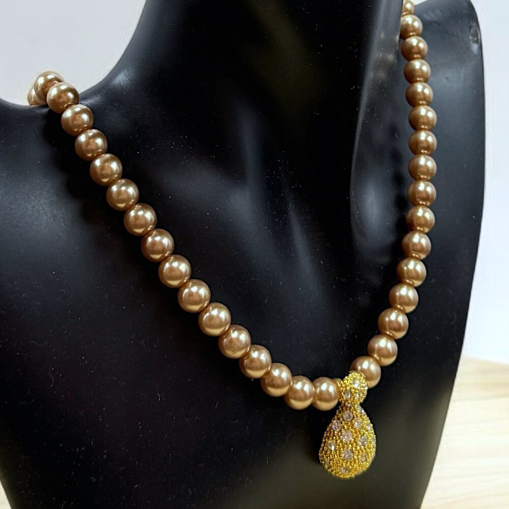 Taupe Colored Faux Pearls Necklace Gold Tone Pendant Clear Crystals